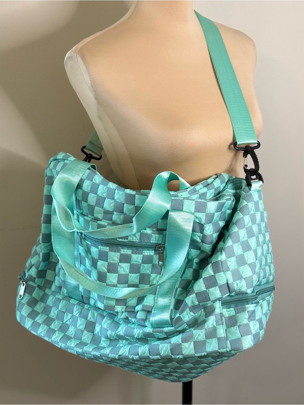 Checkered duffle bag teal gray travel gym school multi pockets - Picture 2 of 15